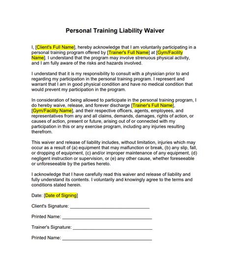 personal training liability release form.